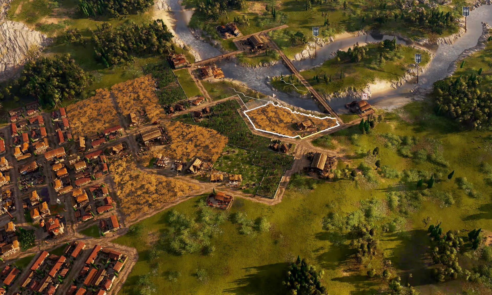 A zoomed in view from Anno 171: Pax Romana showing diagonal roads and triangular farm fields, along with bridges crossing rivers.