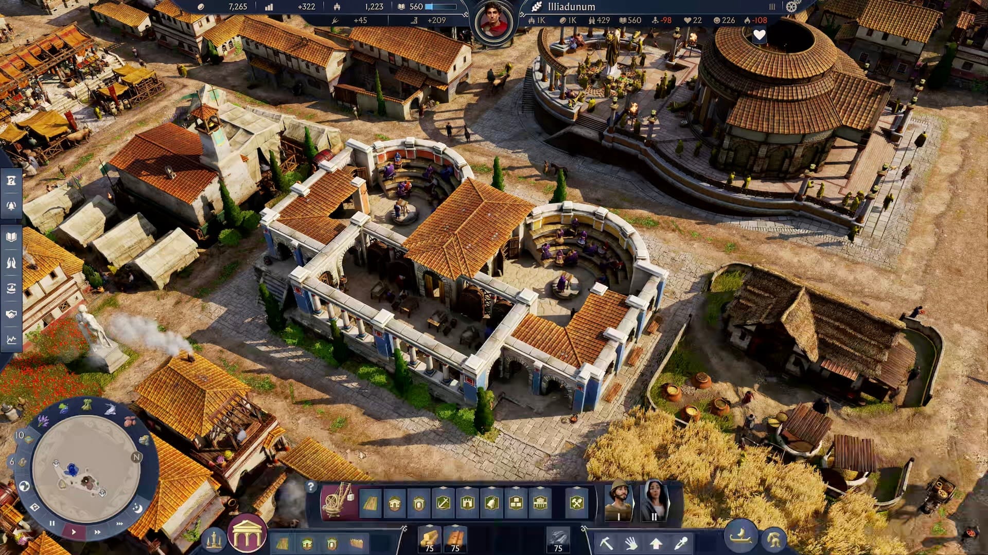 A zoomed in view from Anno 171: Pax Romana showing the knowledge producing Grammaticus building, which has two small amphitheaters side by side.
