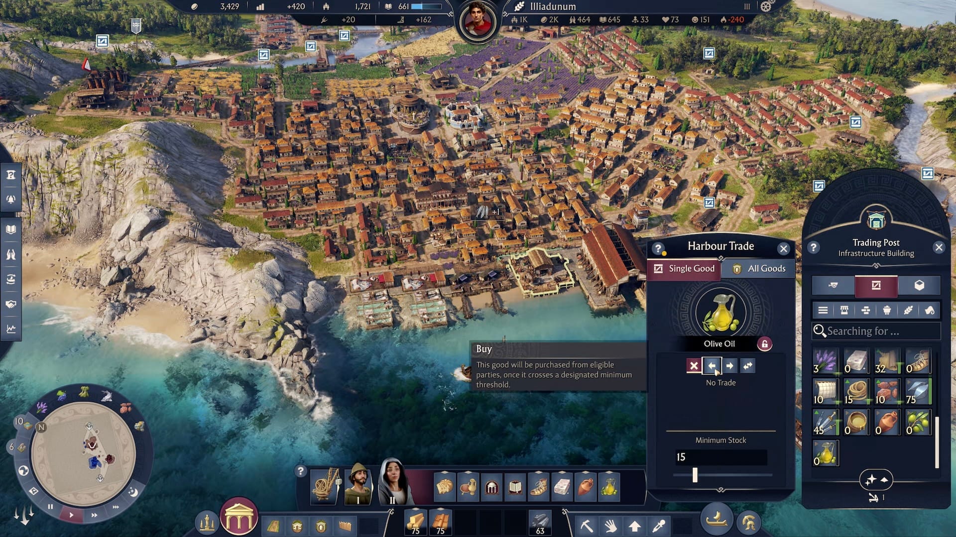 A screenshot from Anno 171: Pax Romana with a coastal Roman city in the background and lots of UI elements near the bottom and righthand corner, including resource storage, a map, trade rates, and building options.
